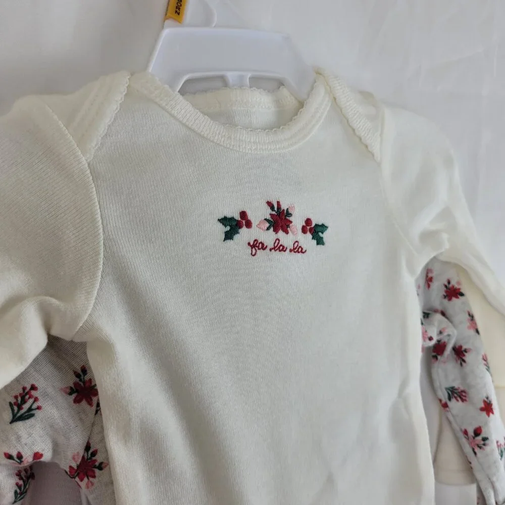 3pc Carter's Newborn Baby Girl Pants bodysuits Long sleeve Christmas Embroidered